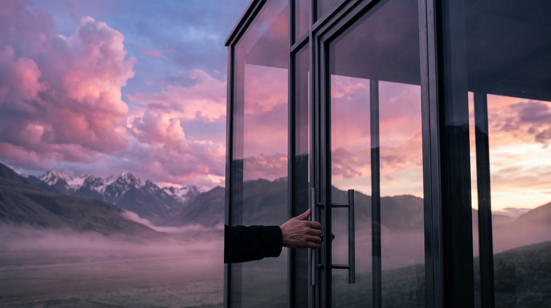A hand resting on the door handle of a glass pavilion in a dusk valley; the pavilion is still dark inside