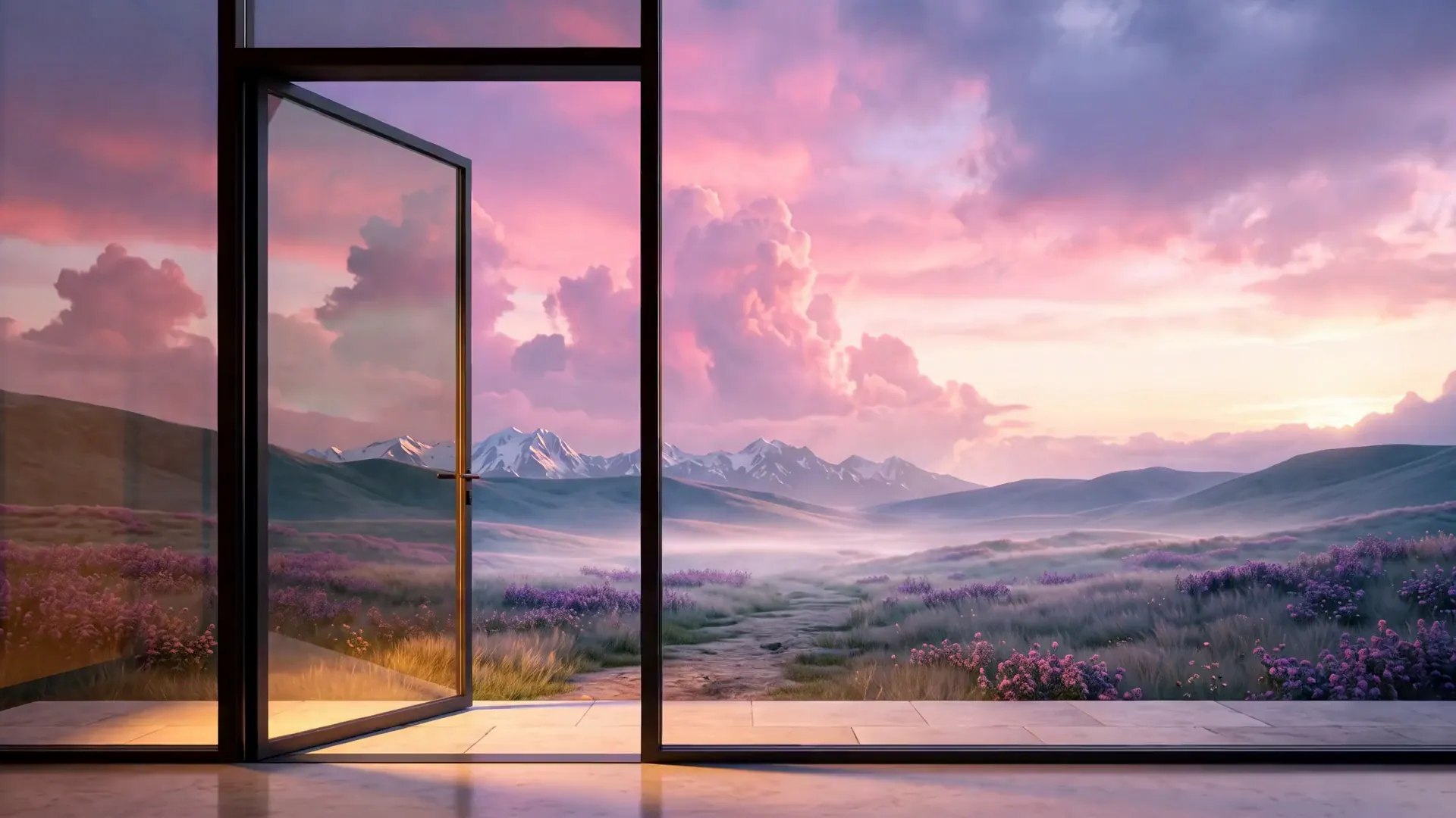 Light spilling out of the pavilion's open door onto a valley under a pink sky
